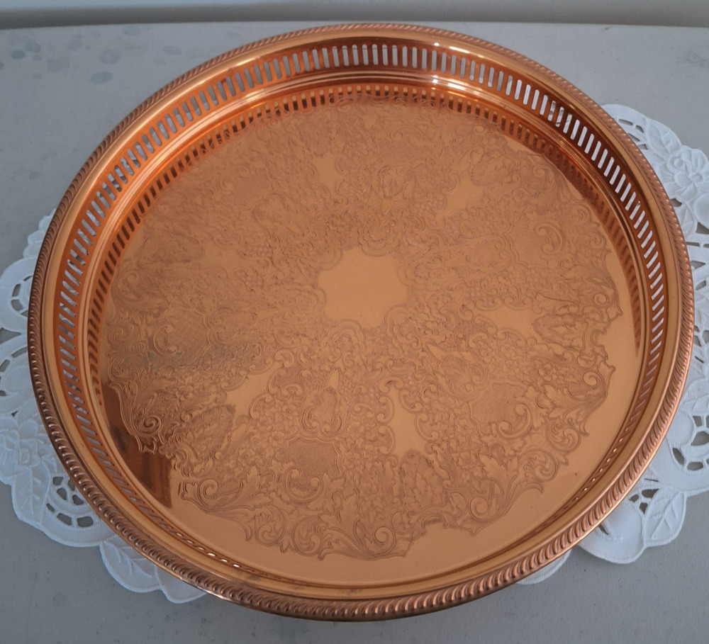 VTG Coppercraft Guild 15" Copper Round Serving Tray Pierced Etched Taunton Mass.